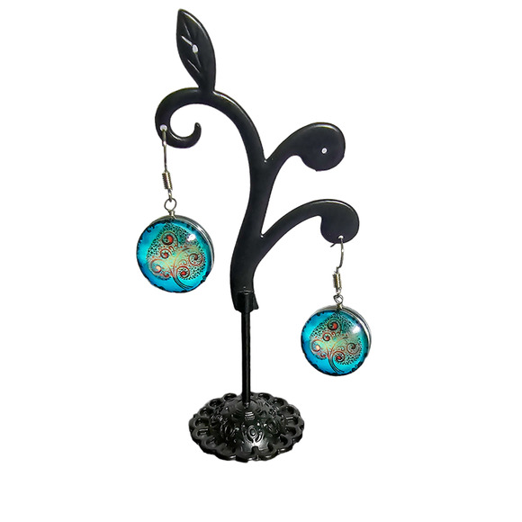 Boutique new blue double sided dome Tree of Life spade earrings - Picture 1 of 6